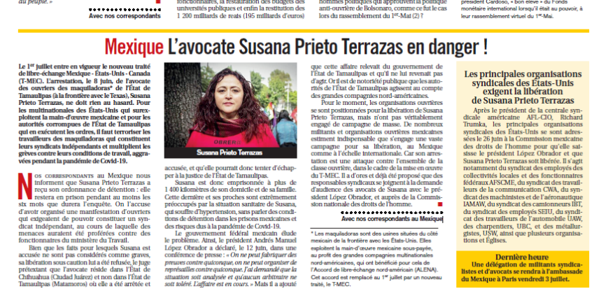Desde Francia, solidaridad con la exigencia de libertad de Susana Prieto